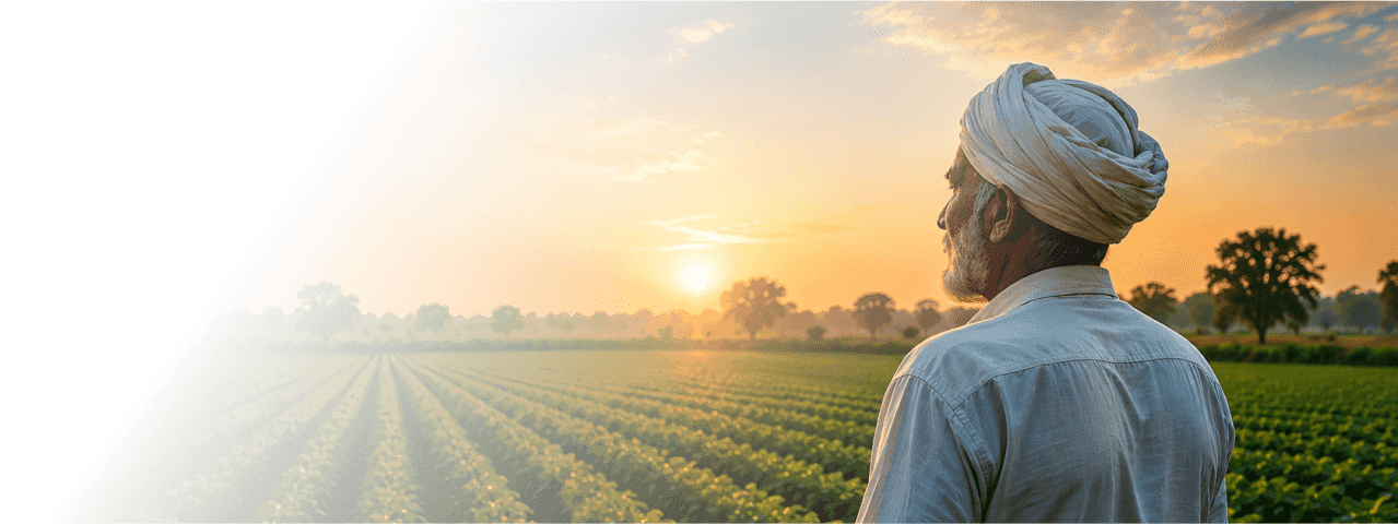 Farmer at sunset looking over field